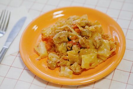 Капуста со свининой и овощами