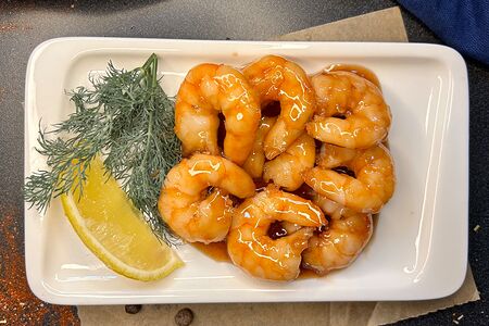 Жареные тигровые креветки в соусе терияки