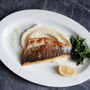 Сибас, шпинат, пюре