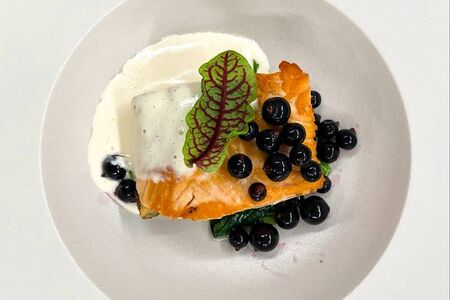 Лосось с картофельным кремом, подкопченным соусом и польской смородиной