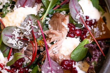 Листья салата с томленой уткой и брусникой
