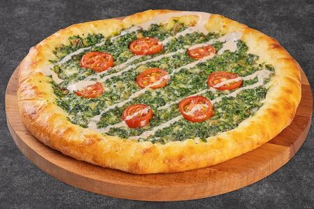 Открытый хачапури Лазури со шпинатом, зеленью и помидорами