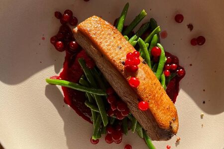 Утка со свекольным кремом портвейн и тонкой фасолью