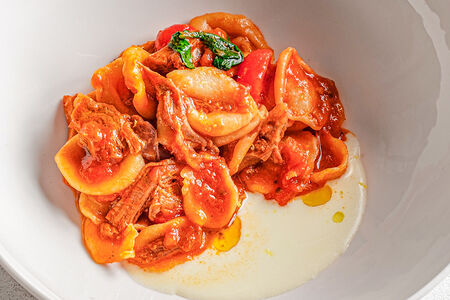 Орекьетте домашние, рагу из ягненка и крем из пекорино