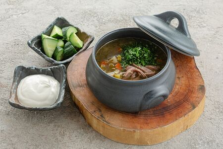 Рассольник с томленой говядиной и перловкой