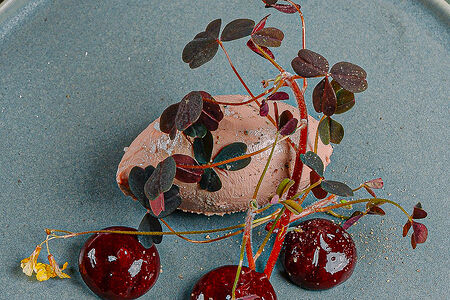 Парфе из куриной печени, черная смородина, тост из пивного хлеба