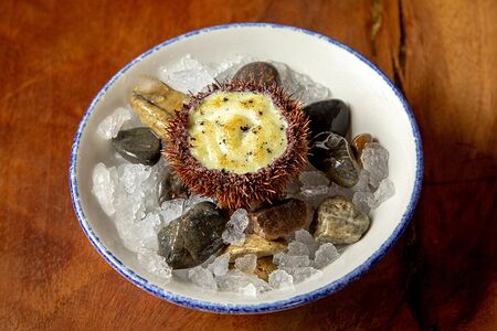 Запеченный морской ёж с гребешком