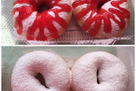 Пончики с сахарной пудрой, пончики с клубничным топпингом