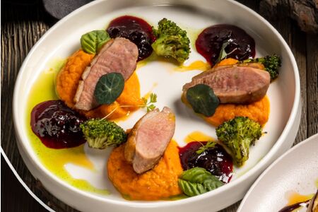 Утиное магре на морковном креме со смородиновым соусом