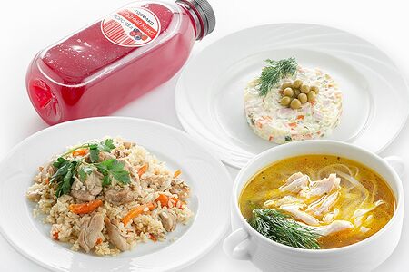 Обед сытный из трех блюд и напитка