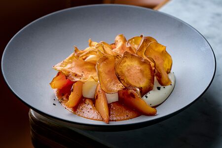 Батат с морковным кремом и муссом из пармезана