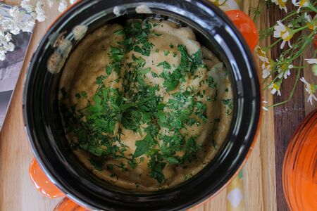 Вареники от Печника, запеченные с картофелем и грибами в грибном соусе