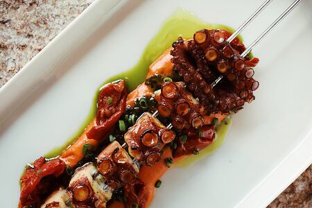 Осьминог с кремом из перца сулугуни