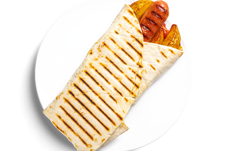 Ролл со свиной колбаской гриль и картофелем