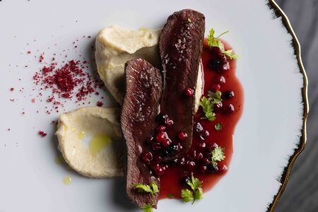 Филе оленя с пюре из сельдерея и соус из брусники