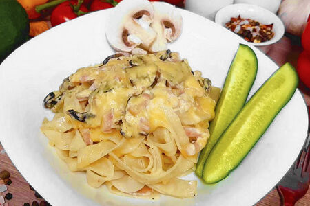 Паста с ветчиной и грибами