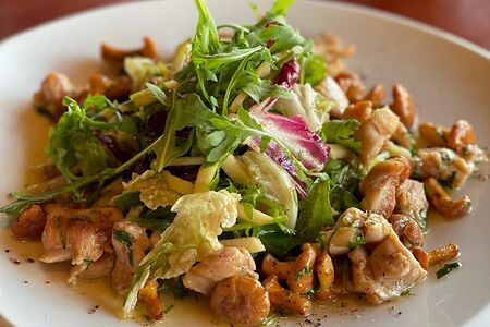 Большой зеленый салат с курицей и лисичками