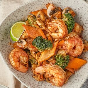 Մանրածովախեցգետիններ շամպինյոններով