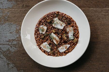 Ризотто по-бородински с копченым палтусом