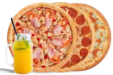 Пицца Мужская, Сочная курочка, Пепперони, Домашний лимонад 