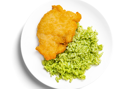 Куриный шницель с зеленым рисом