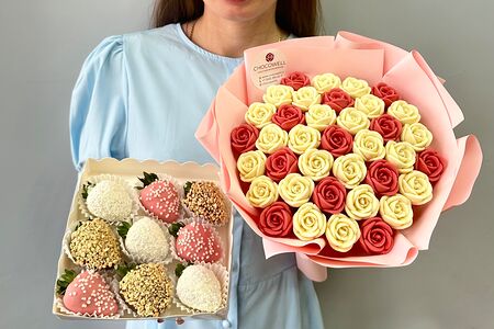 Выгодный комбо-набор №4 Букет роз и клубника в шоколаде 