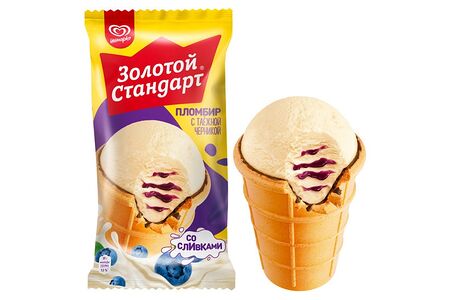 Золотой Стандарт пломбир в вафельном стаканчике с таежной черникой