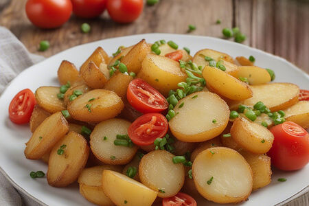 Картофель, жаренный с луком и томатами