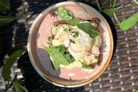 Вафля Неро с креветками, пашот, шпинат, голландский соус