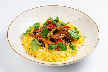 Курица терияки с овощами и рисом с шафраном