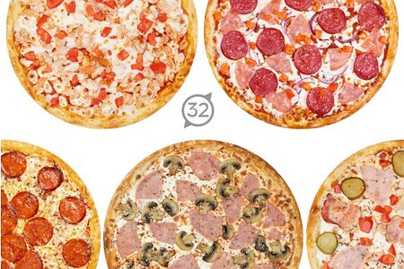 Комбо 5 пицц 32 см пепперони, вкусная, с ветчиной и грибами, сборная, чикен