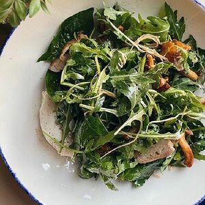 Салат с уткой, вешенками и сырным муссом 