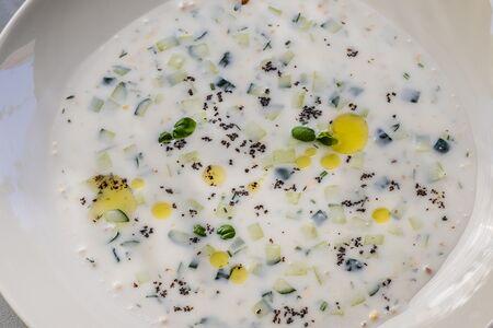 Окрошка средиземноморская с лососем