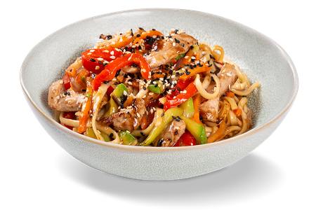 Лапша гречневая со свининой и овощами