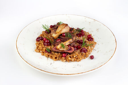 Оленина с ризотто из полбы с белыми грибами