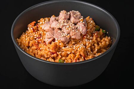 Рис отварной с курицей в соусе терияки