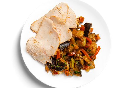 Индейка су-вид с соте из баклажанов