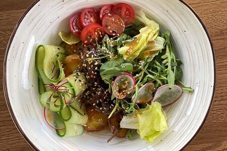 Тёплый салат с рваной говядиной, бэби-картофелем, микс салатом, черри, огурцом 