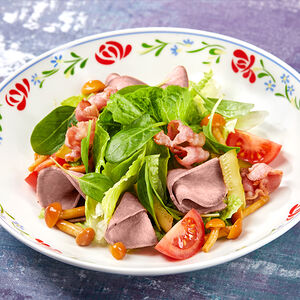 Салат с языком и опятами с соусом из зелени