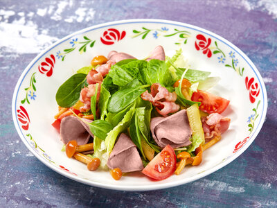 Салат с языком и опятами с соусом из зелени