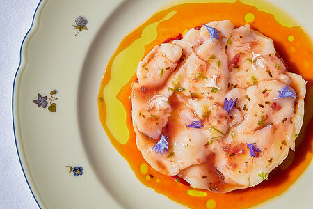 Крудо из гребешка, персик, облепиха