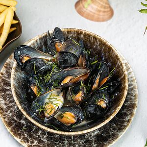 Мидии Горгонзола с картофелем фри