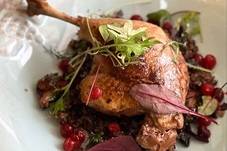 Утиная нога с пюре из батата с брусникой 